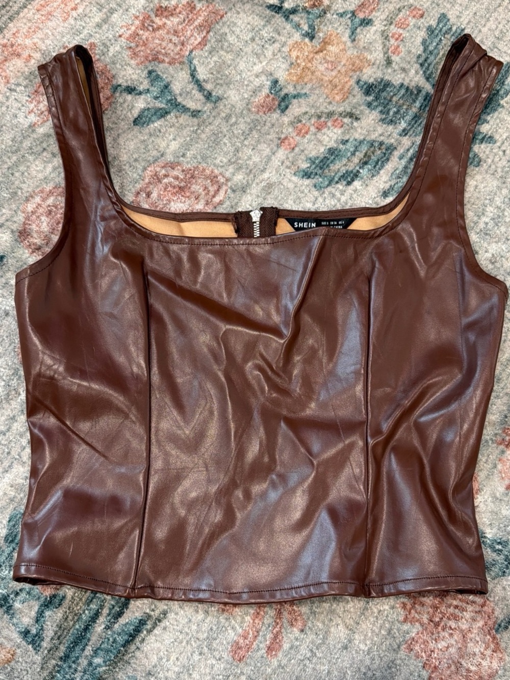 SHEIN Chocolate Brown Faux Leather Square Neck Crop Top